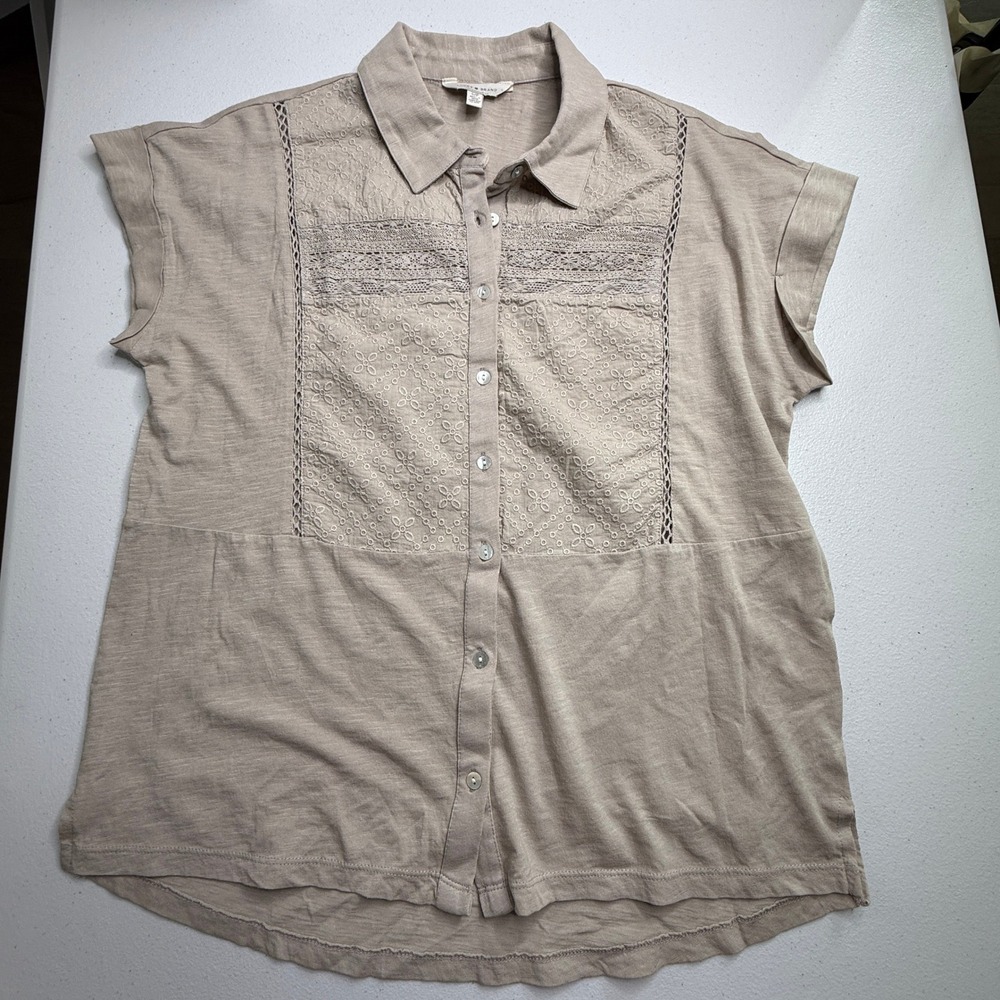Lucky Brand Womens Small Beige Cotton Eyelet Lace Button Up Shirt Sleeve Shirt